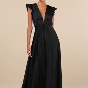 Lulu's Black I’m All Yours Satin Cutout Maxi Ruffle Dress